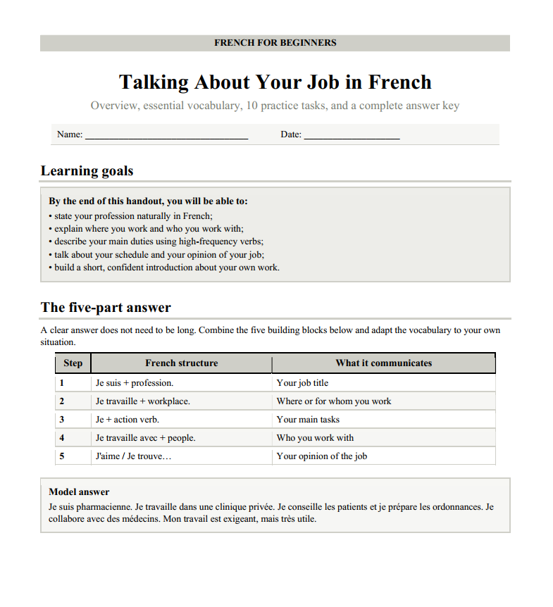 Talking About Your Job in French