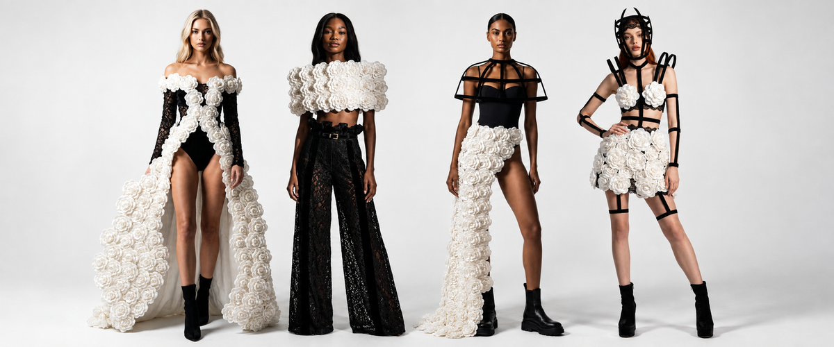 Four models wearing sculptural black and white floral fashion designs