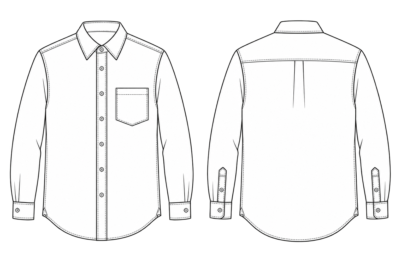 Black-and-white technical drawing of a classic long-sleeve button-up shirt shown from the front and back