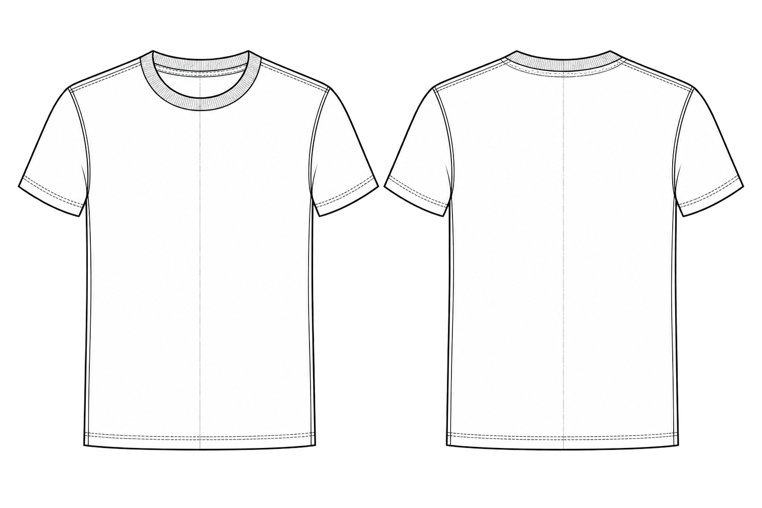 Dessin technique en noir et blanc d’un T-shirt, présenté de face et de dos